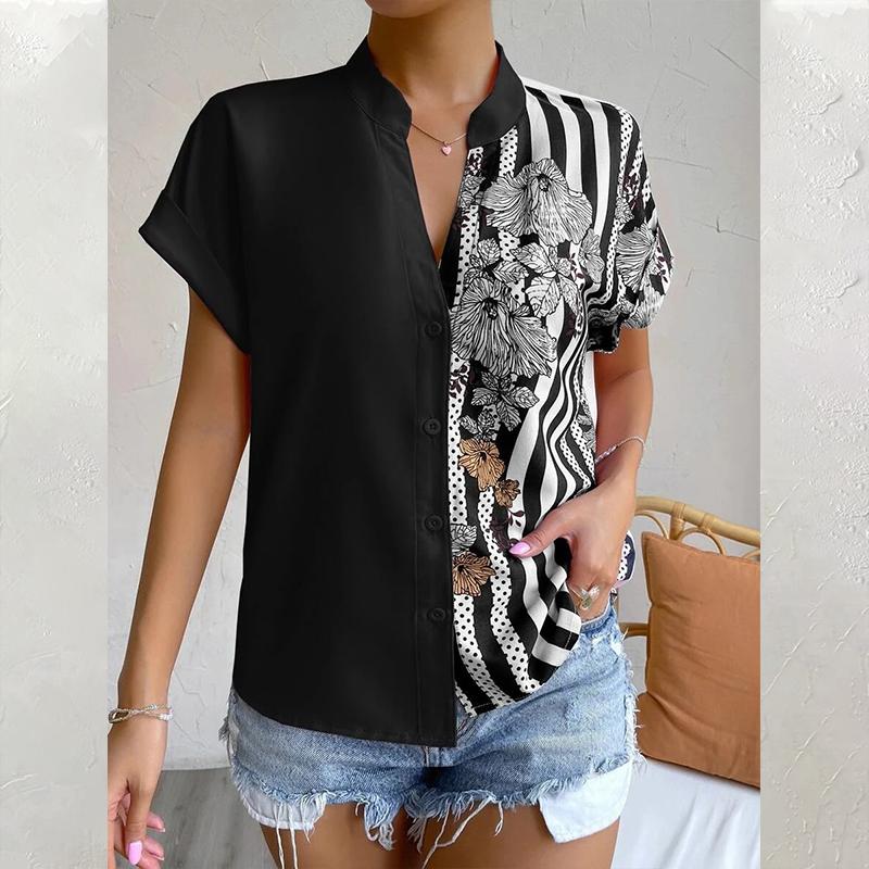 

Summer Women s Striped Top Print Buttons Cardigan Short-sleeved Shirt Women T-shirt XXL чорний