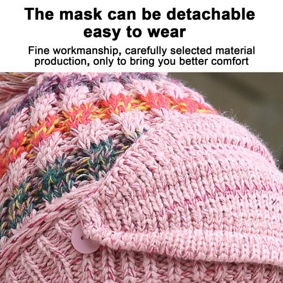 Set de eșarfe pentru pălărie de tricotat, 3 bucăți/set, căptușeală de pluș îngroșată, decor cu minge cu blană, pălărie, încălzitor de gât, set de protecție pentru față detașabil