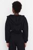 Women's Fashion Black Thick Fleece Hooded V-Neck Relaxed Cut Crop Knitted Sweatshirt