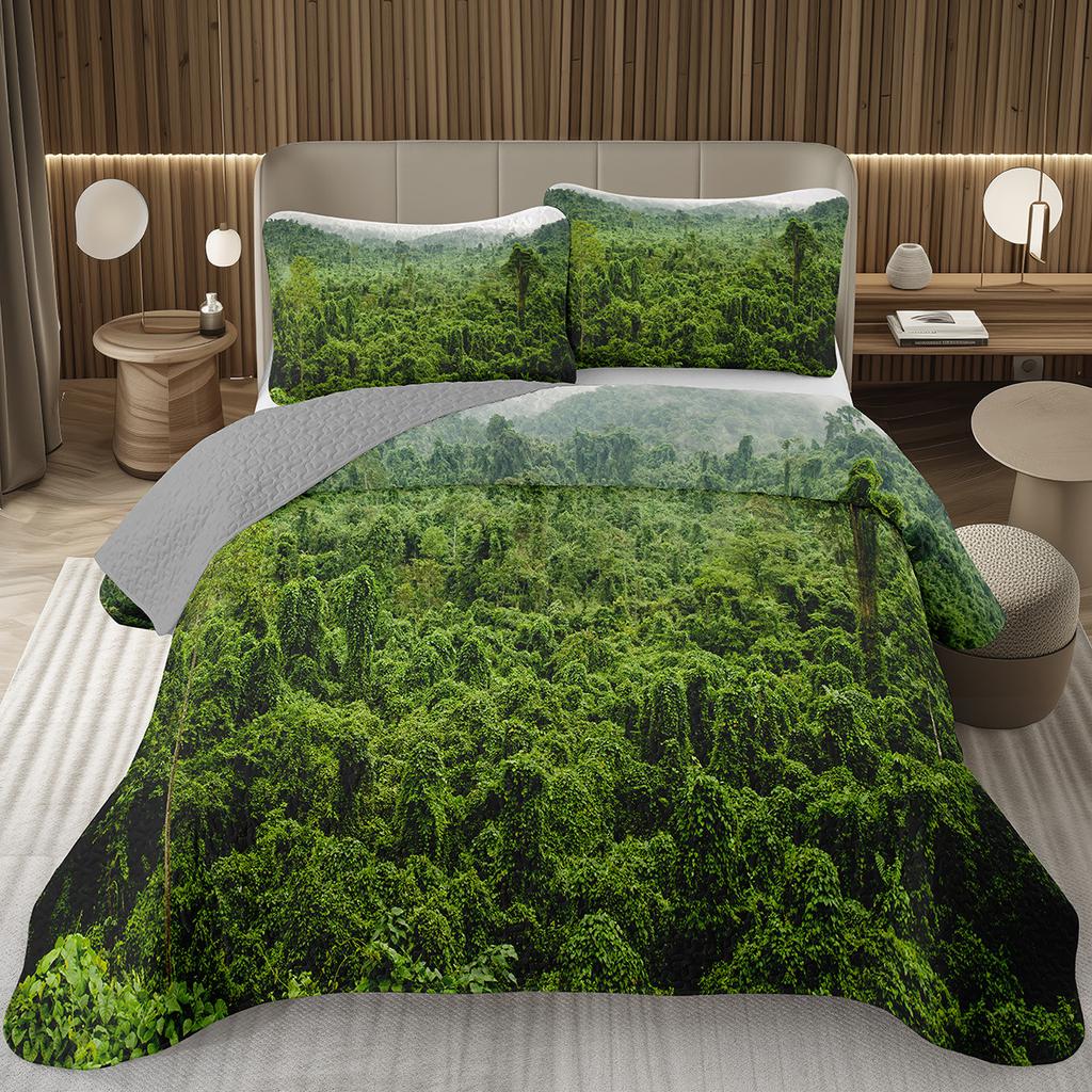 Forest Bedspread King/Full Magical Woodland Jungle Coverlet Set Dreamy Misty Scene Quilted Bedding Set Reversible Grey Bed Cover