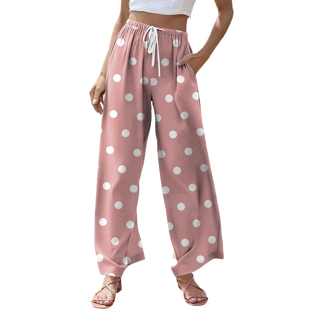 Women's Casual Dot Print Wide Leg Drawstring Pocket Beach Casual Pants