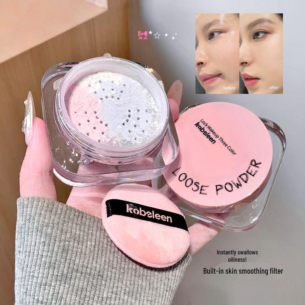 Kobeleen Three-Color Loose Powder with Puff: Fine, Natural Soft Mist Finish, Waterproof, Sweatproof, Brightening Women's Setting Powder.