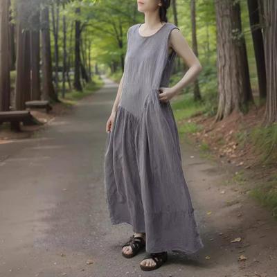 Ärmellose Kleider für den Sommer für Damen, O-Ausschnitt, graue Baumwolle, weicher Verband, A-Linie, Vintage-Kleid