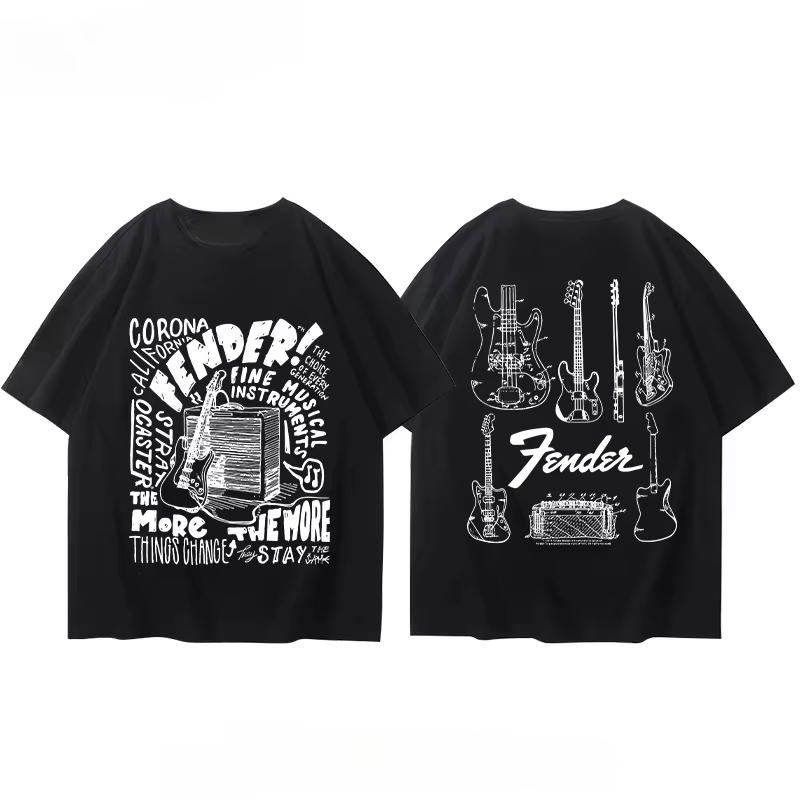 Summer Mens TShirt Fender Electric Guitar Band Short Sleeve Boys and Girls Summer Guitarist Clothing Around Printed TShirt