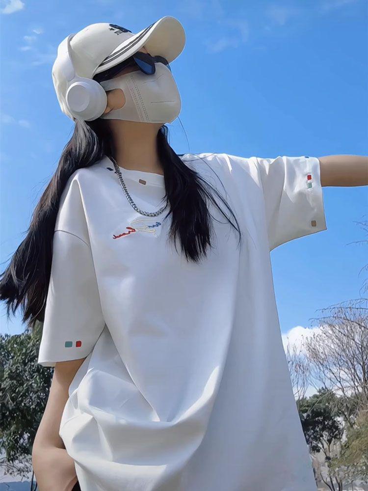 230g Heavyweight Pure Cotton Embroidered Short Sleeve T-Shirt - Niche Design, Loose Casual Summer Top, High Street Trend