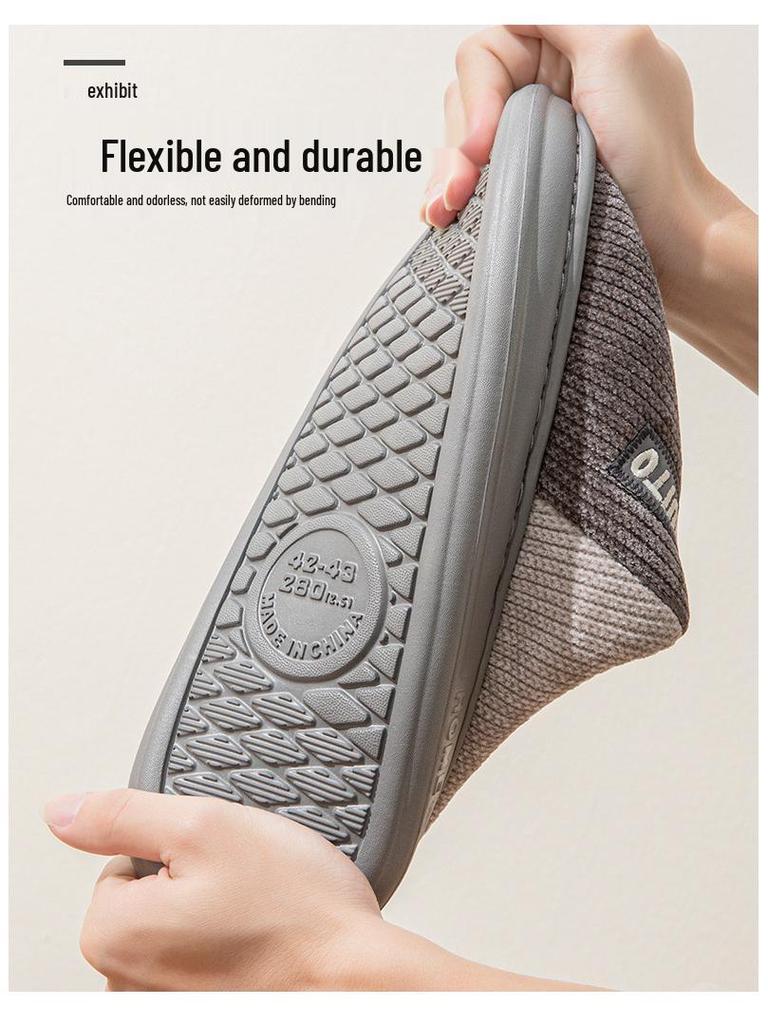 Men's Minimalist Non-Slip Indoor Cotton Slippers - Fleece-Lined, Thick Sole, Color Block, Autumn/Winter Warm Shoes