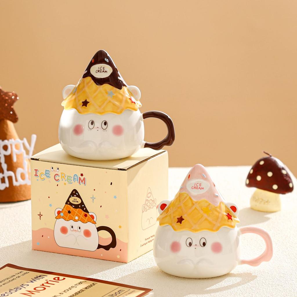 Cartoon Cone Mug with Lid Internet Celebrity Drinking Cup for Girls Dormitory Breakfast Cup Cute Gift Box Set Souvenir