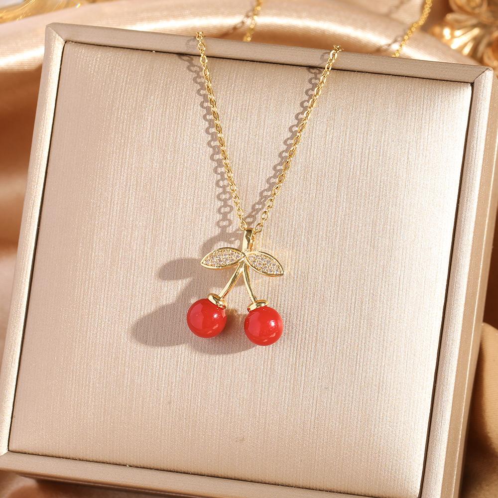 Fashion Zircon Cherry Pendant Titanium Steel Necklace Women's Collarbone Chain Jewelry