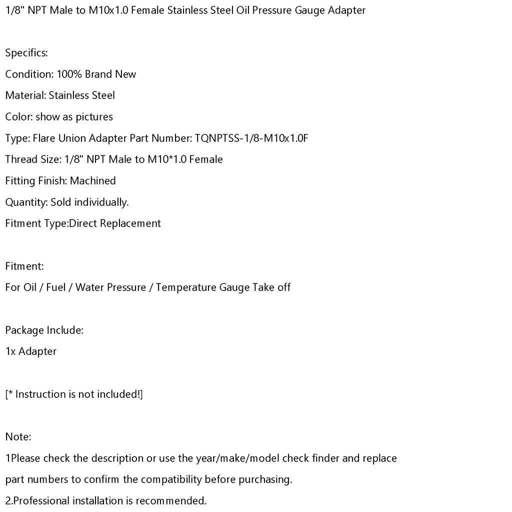 1/8" NPT Male To M10x1.0 Female Stainless Steel Oil Pressure Gauge Adapter