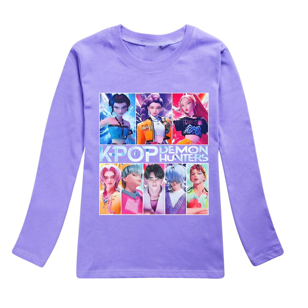 KPop Dämonenjäger T-Shirt Kinder Stilvolle Mode Cartoon Freizeitkleidung Jugend Mädchen Locker Rundhals-T-Shirts Jungen Langarm-Oberteile