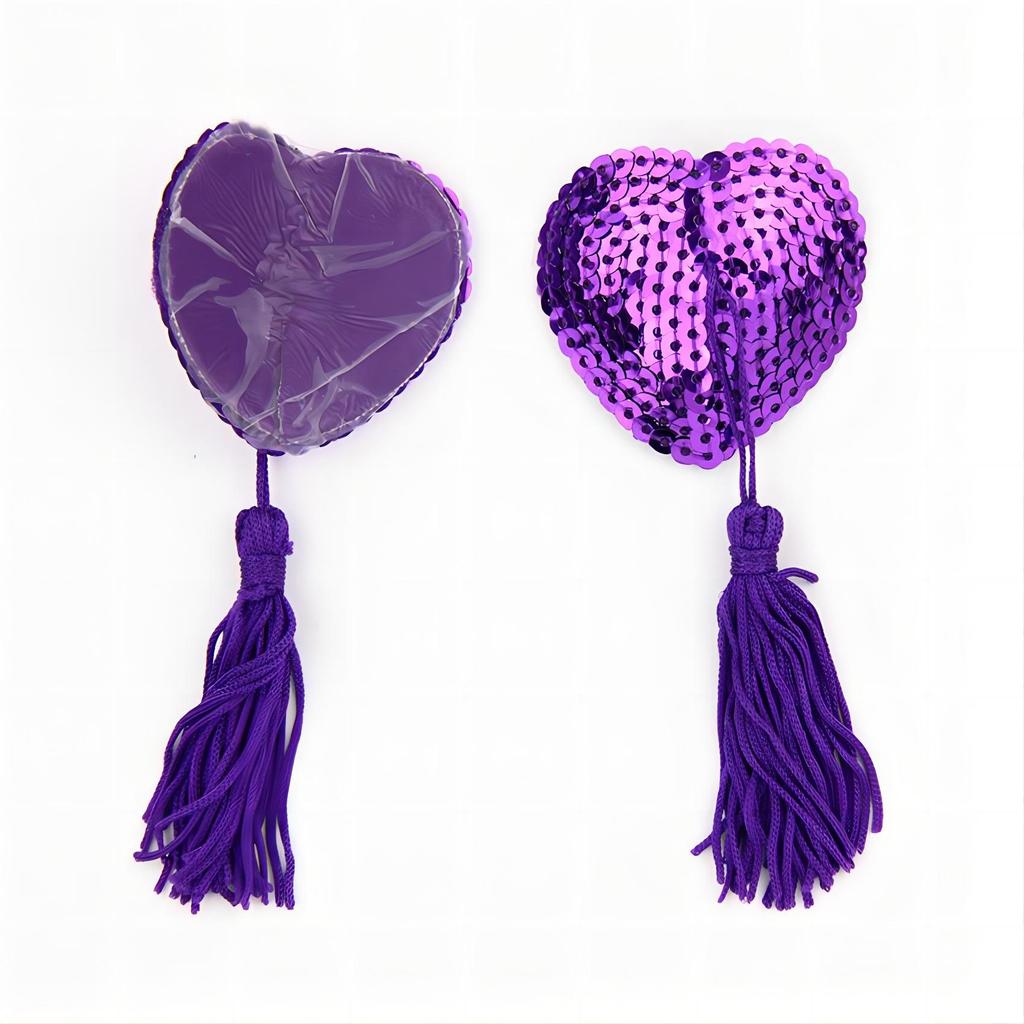 Guillotine Heart Sequin Nipple Pasties with Tassels - Adult Erotic Accessory