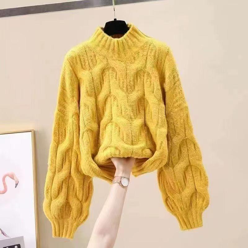 Sweter damski w stylu koreańskim z dzianiny warkoczowej z rękawami typu latarnia – luźny krój, gładki, pulower na jesień/zimę
