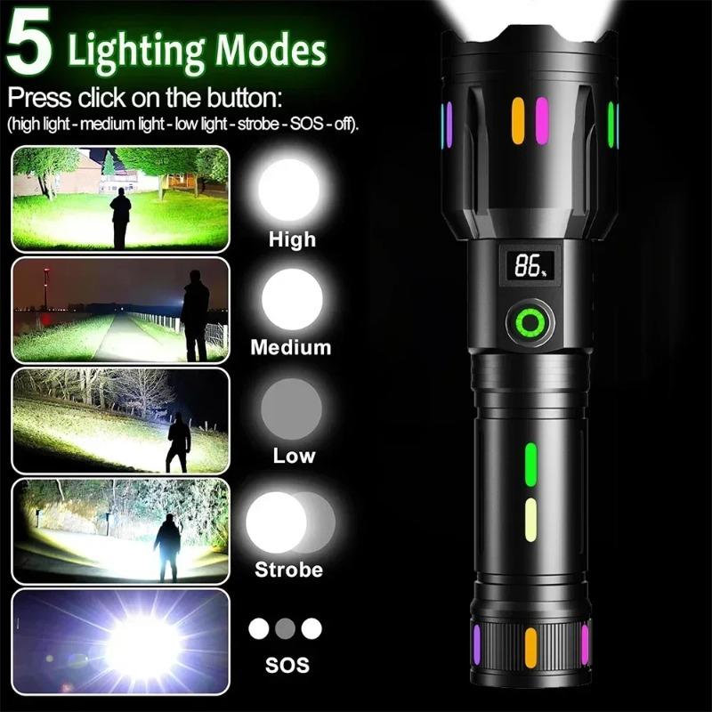 High Power Spotlight Long Range LED Flashlight Aluminum Alloy Fluorescent Absorbing Film Luminous Colorful Zoom Flashlight Camping Emergency