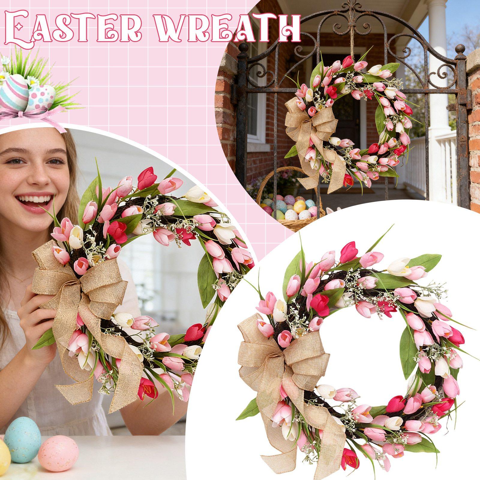 

Artificial Wreath With Bow – //Red Floral Door Decor, Spring Home Wall Featuring Lifelike Blooms, Green Foliage One Size