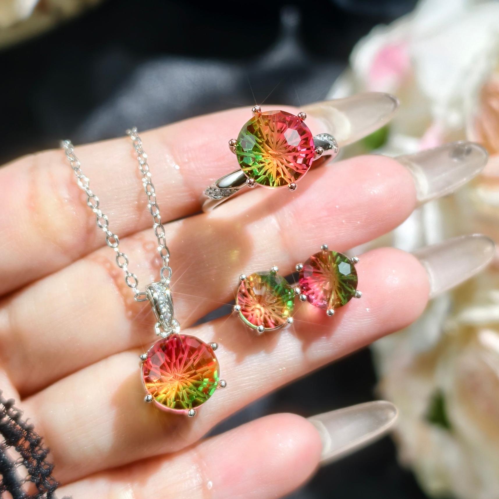 

2026 Inlaid Zircon Exquisite Jewelry Set Watermelon Colorful Tourmaline Open Ring Women s, Fireworks Cut Fashion Ring 45CM