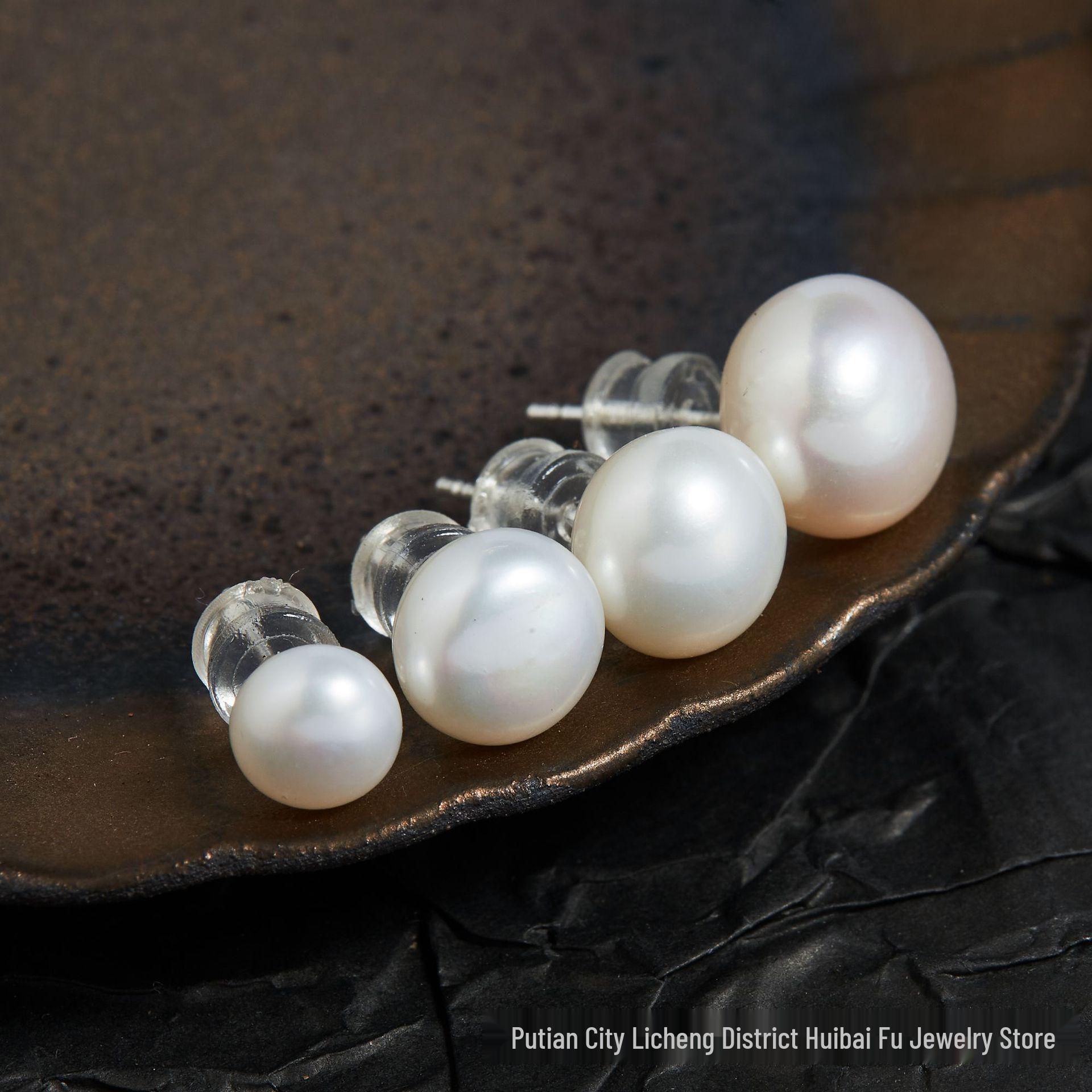 Elegant S925 Silver Needle Near-Round Freshwater Pearl Stud Earrings - White Light with Slight Flaw 5-6mm Pearl 4A Stud белый
