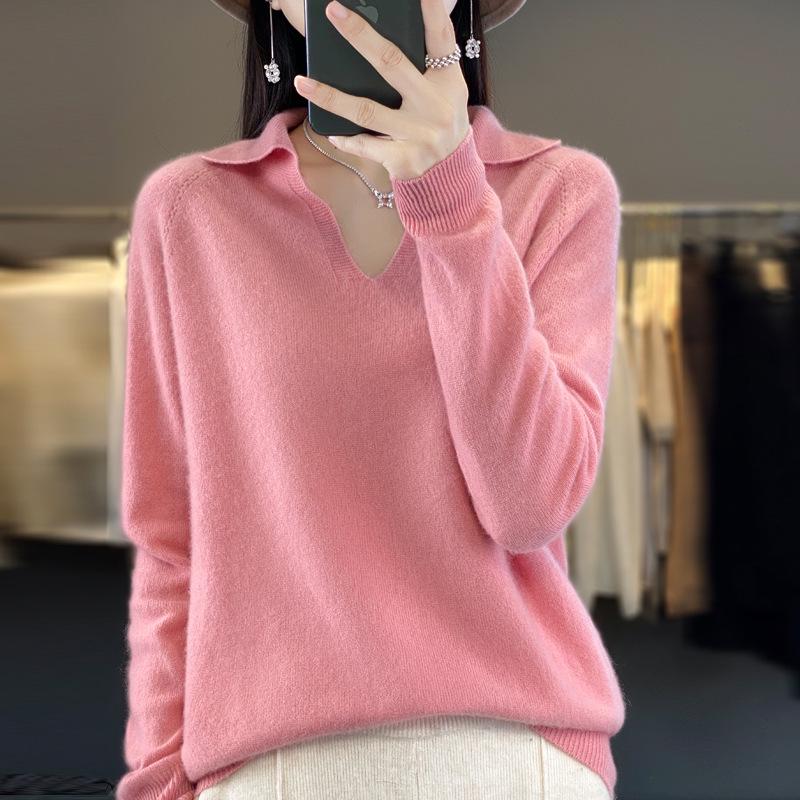 2023 Autumn/Winter Seamless Wool V-Neck Polo Sweater: Short, Solid Color, Loose Knit Base Layer