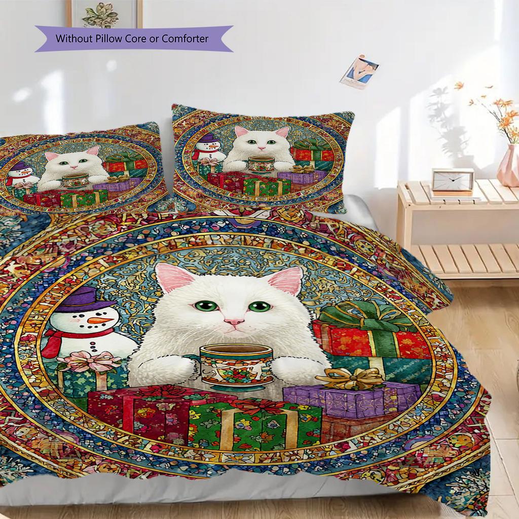 Weißes Katzenmuster Bettwäsche Steppdecke Set Deckenbezug Kissenbezug Heimdekoration Geburtstagsgeschenk (1 Bettbezug + 2 Kissenbezüge, ohne Füllung)