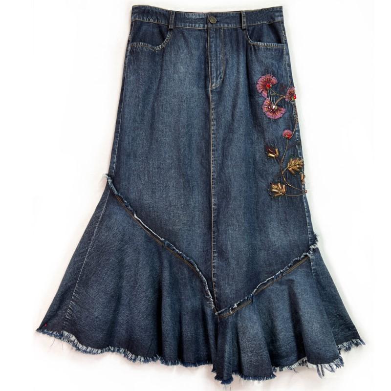 Johnature Letní dámská móda Jednobarevná Vintage Prošívaná Nepravidelná Džínová Sukně Výšivka Niche Design Sukně