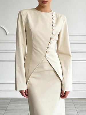 Elegante Damen-Schmal geschnittene Jacke im französischen Old Money Stil - Frühjahr 2026, Rundhalsausschnitt, Einreiher, Unregelmäßiger Schlitz