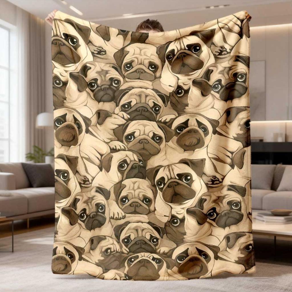 2026 New Flannel Blanket 1pc Multi-Functional Pug Design Flannel Throw - Ideal for Sofa, Workplace, Bed, Camping & Travel, Machine Washable, Suitable
