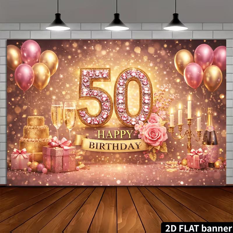 2D Pink Gold Glitter 50th Birthday Backdrop Home Party Celebration Photo Background