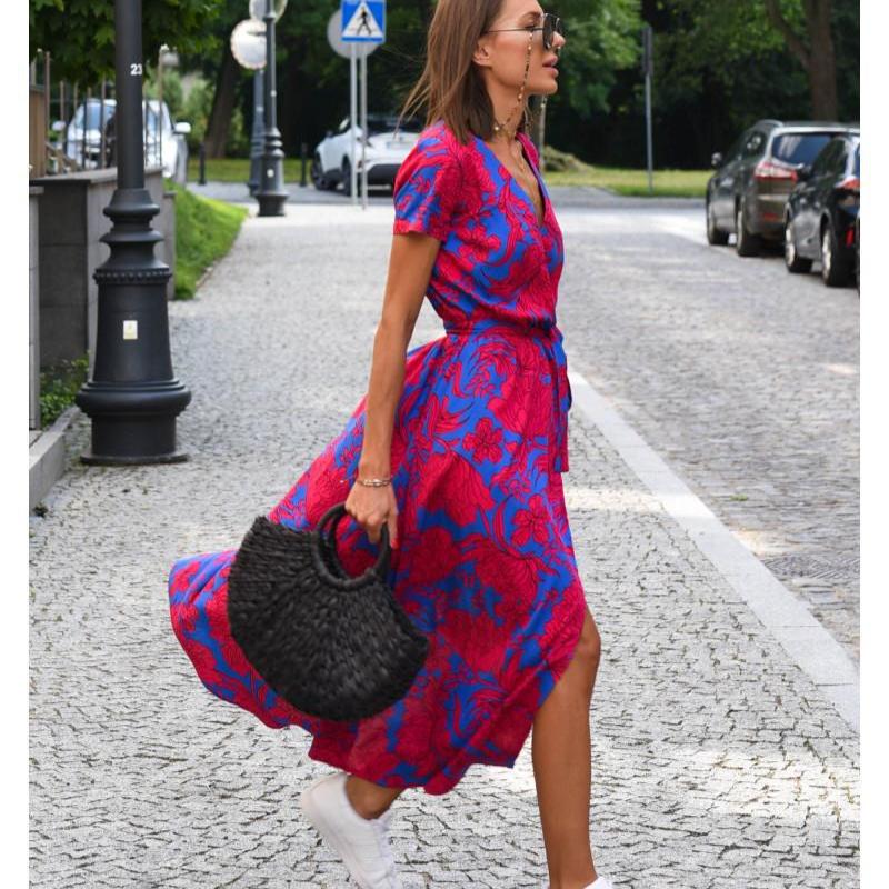 Women Floral Print Long Dresses Summer Sexy V Neck Split Lace-up Dress Female Casual Elegant Short Sleeve Beach Dress Vestidos