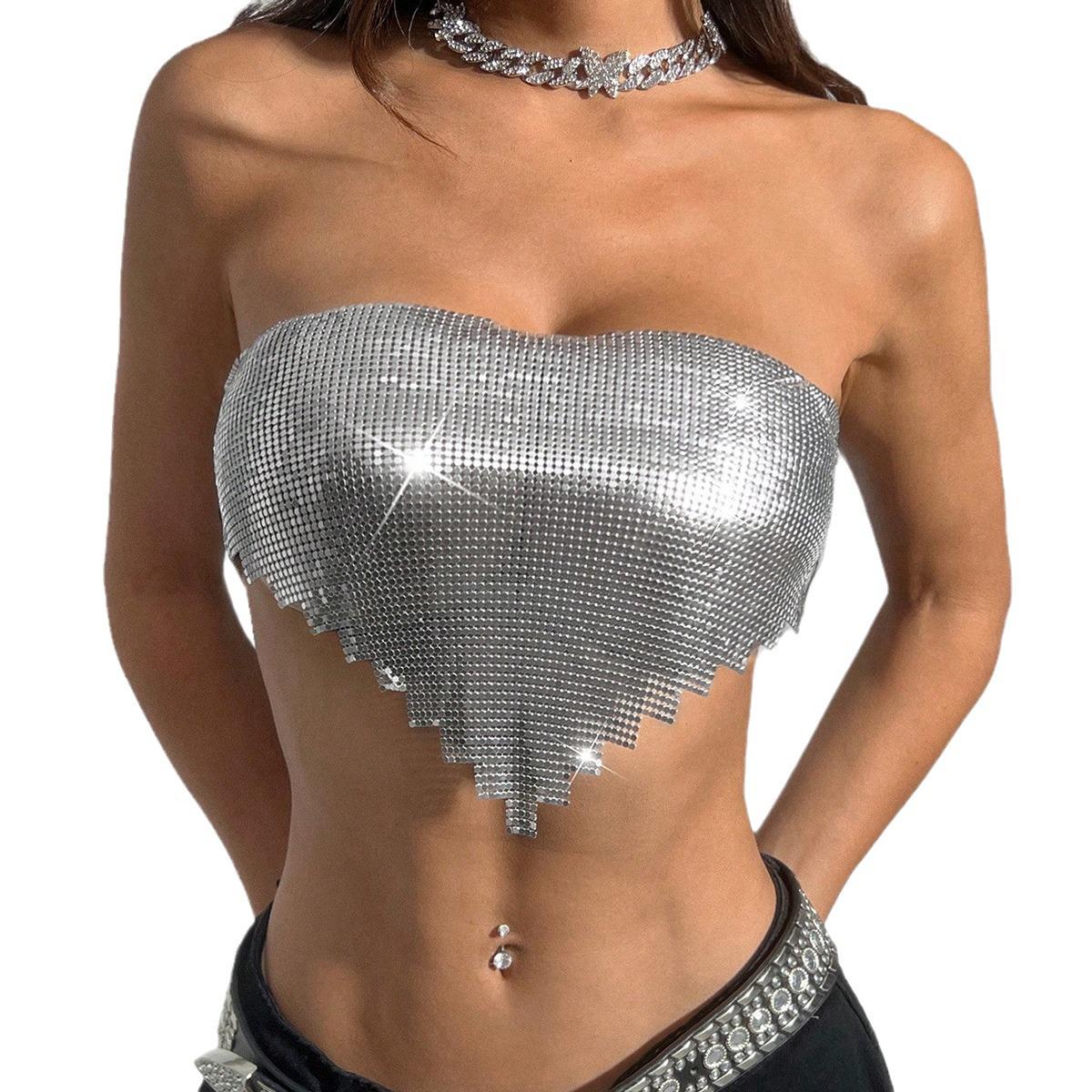 

High-End Fashion Sequin Strapless Crop Top - Sexy Summer Design Large серебряный