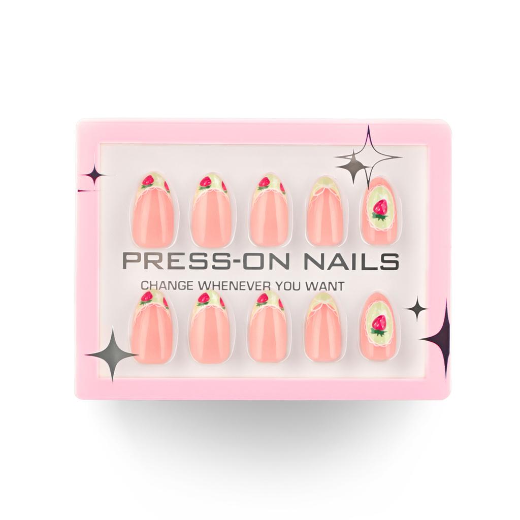 High sense 30 pieces, boxed French manicure nail pieces, short almond nail pieces, fresh strawberry nail pieces.