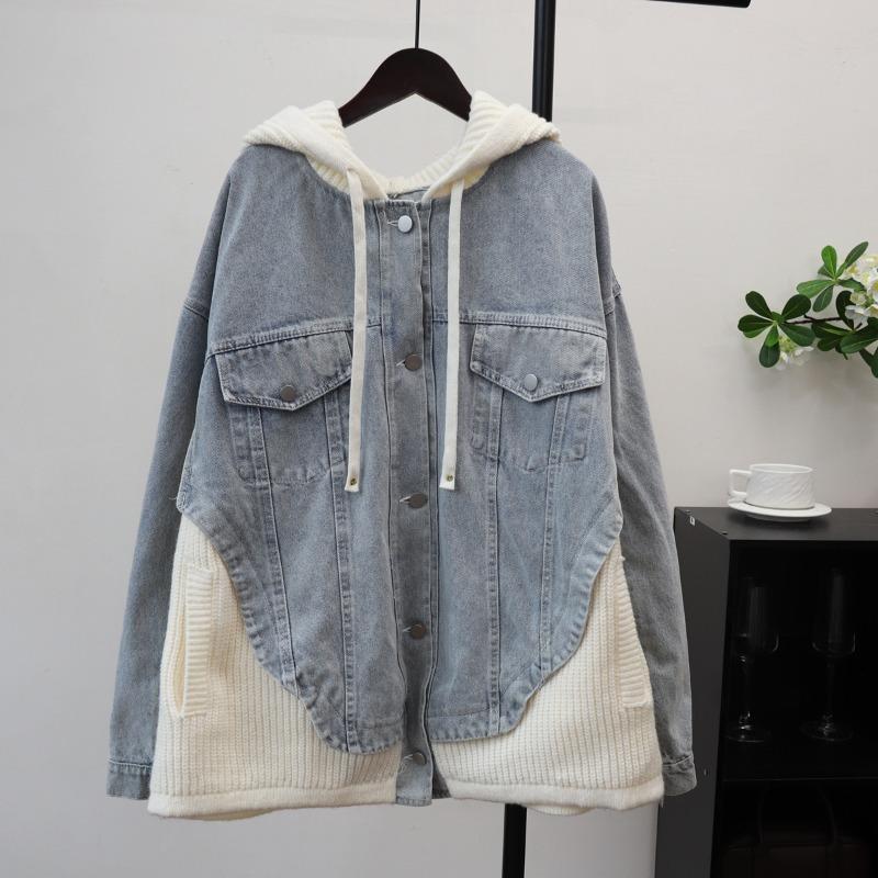 

Осень и зима новый свободный повседневный худи дизайн свитер куртка женственность сращивание деним вязаный кардиган one size fits all