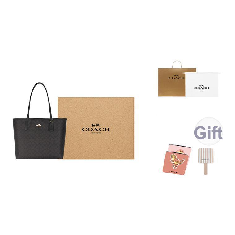 Coach City 33 Logo Plakette Magnetverschluss Tragetasche Damen-Tote Schwarz Braun CV976-IMXAQ