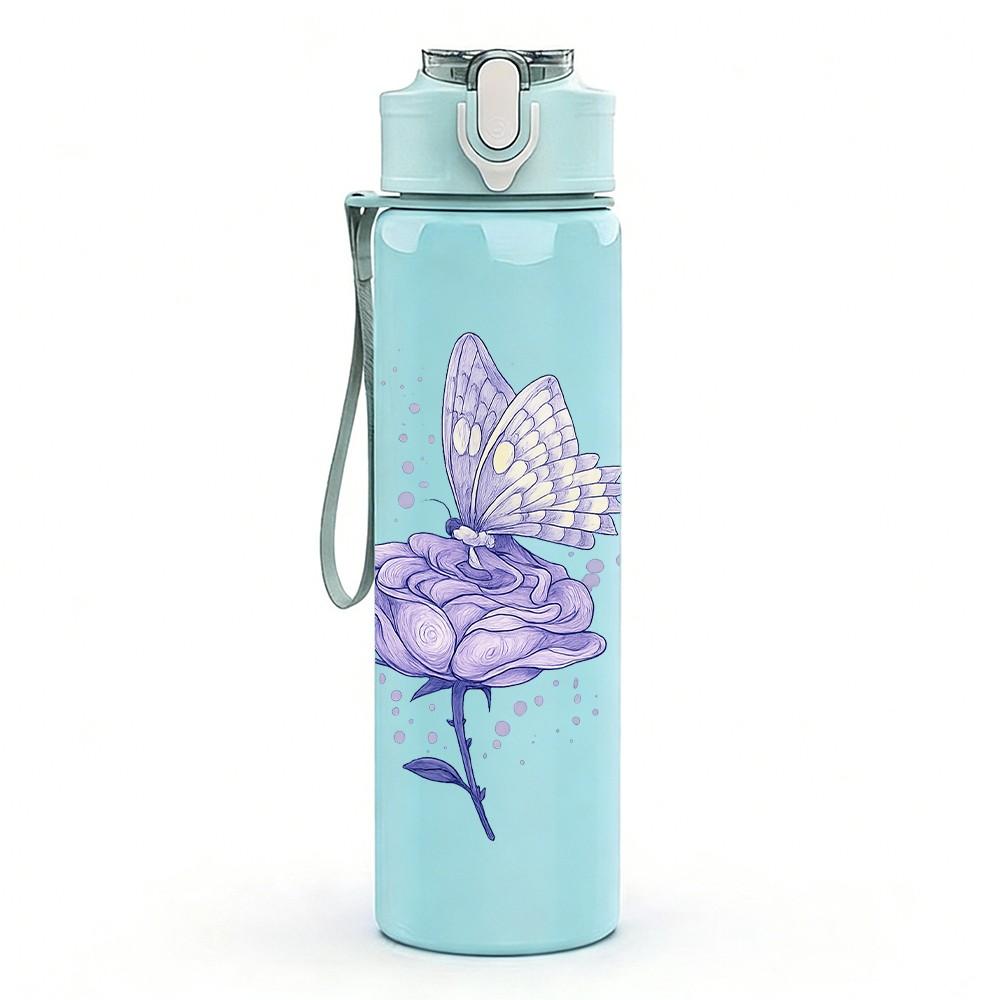 1PC Purple Butterfly Floral Line Art 750ml Color Plastic Sports Water Bottle Leakproof Flip Straw Lid Suitable for Sports Office Home Use