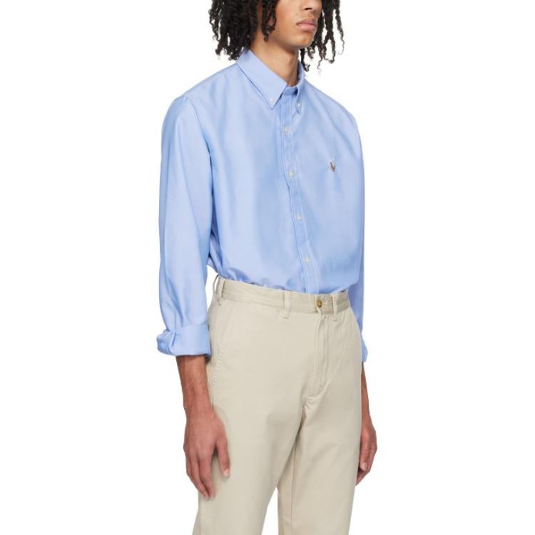 Polo Ralph Lauren Solid Color Polo Collar Logo Embroidered Single-Breasted Long Sleeve Shirt Men shirts Blue 710900552-002