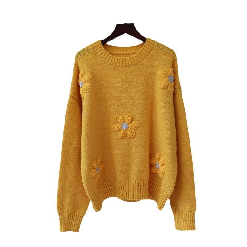 Autumn and Winter New Handmade Flower Knitted Sweater Top Design Sense Loose Soft Waxy Gentle Wind Sweater Pullover Women