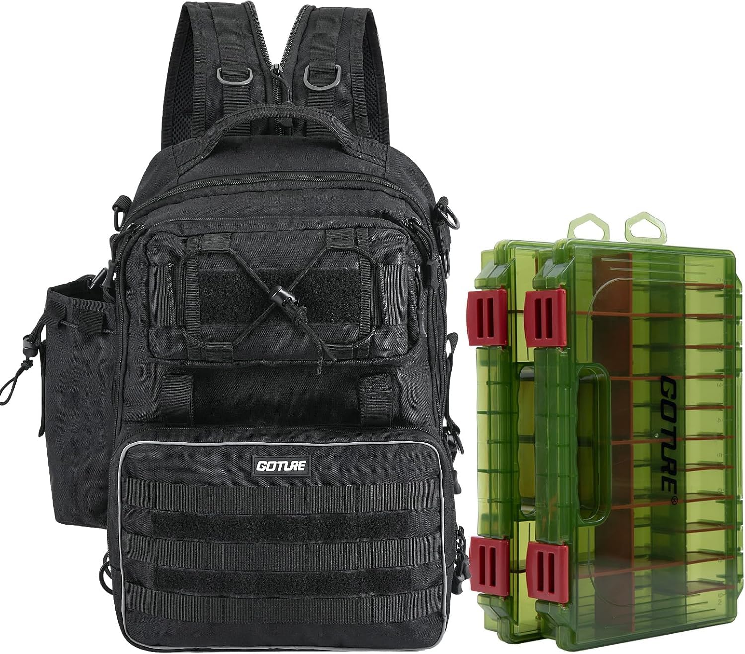 

Рюкзак для рыбалки Goture с сумкой для удилищ, включает два ящика для снастей размера 3600, подходит для кемпинга и держатель для черного цвета, стиль, коробки, водонепроницаемый, для походов,