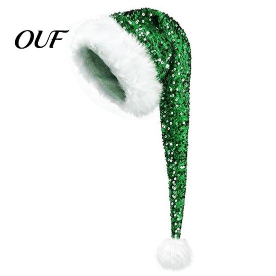 Sparkly Xmas Cap Christmas Santa Hat for Adults, Thicken Soft Velvet with Sequin Halloween Costume Decoration, Long Claus Holiday Party Cosplay