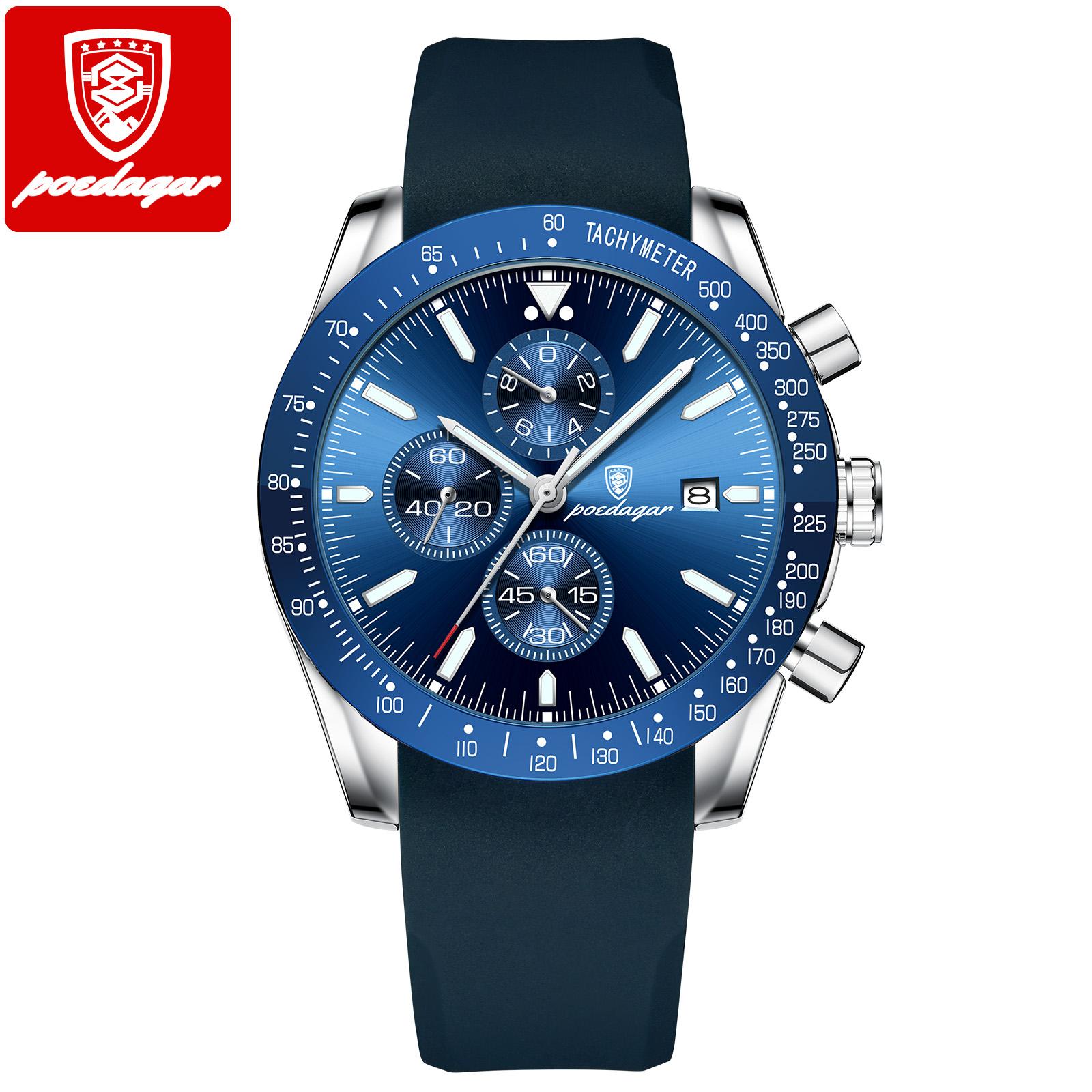

POEDAGAR Men Watch Fashion Sport Chronograph Silicone Quartz Watches Top Brand Luxury Waterproof Luminous Date Wristwatch синий/серебряный