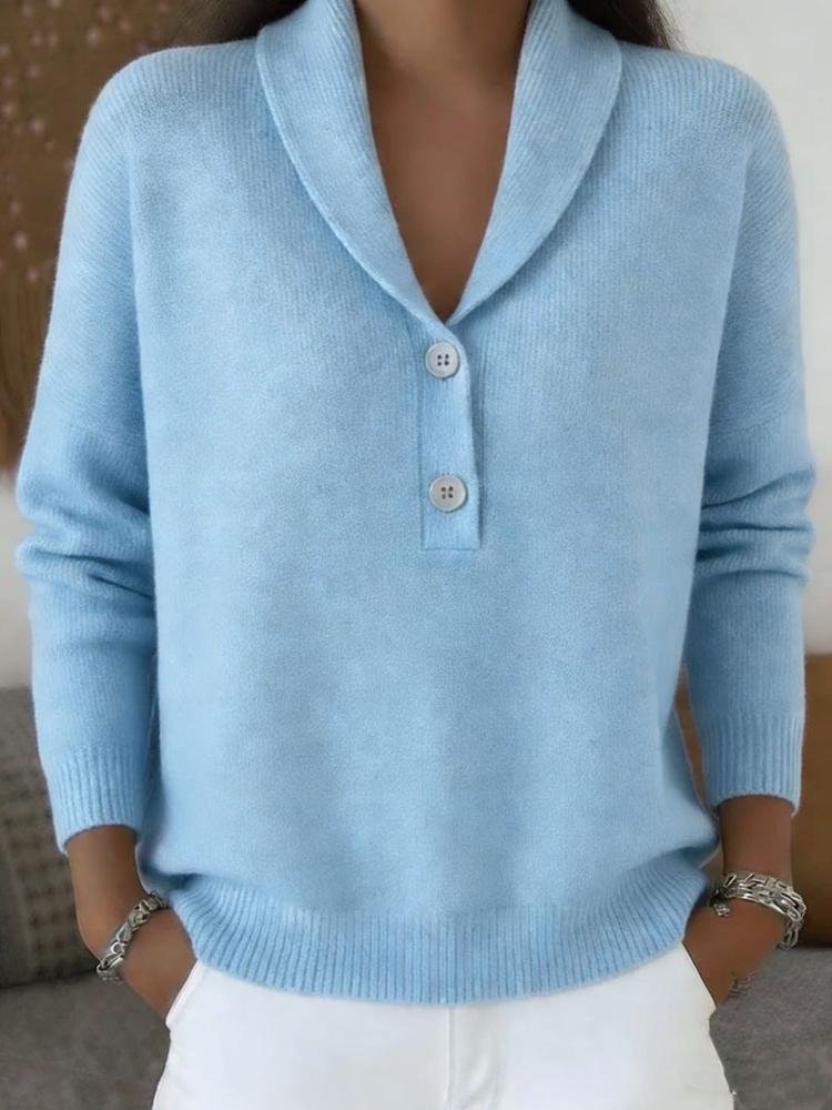 Women Shawl Collar Button Front Knit Sweater Long Sleeve Ribbed Trim Pullover Top