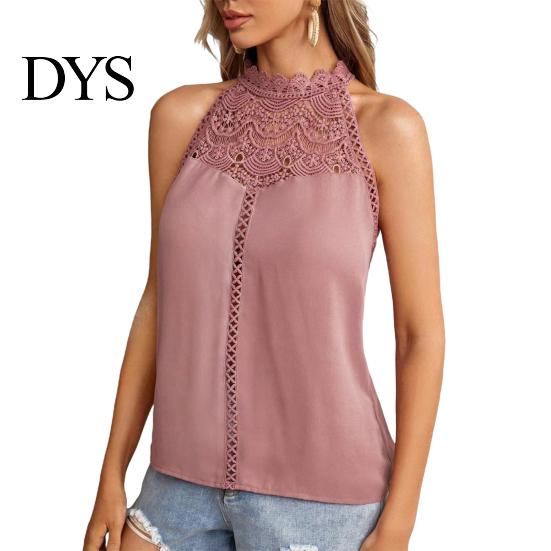 Sexy Back Button Vest Women Halter Neck Solid Color Lace Decoration Blouse Tops Hollow Stitching Casual Button-up Cami