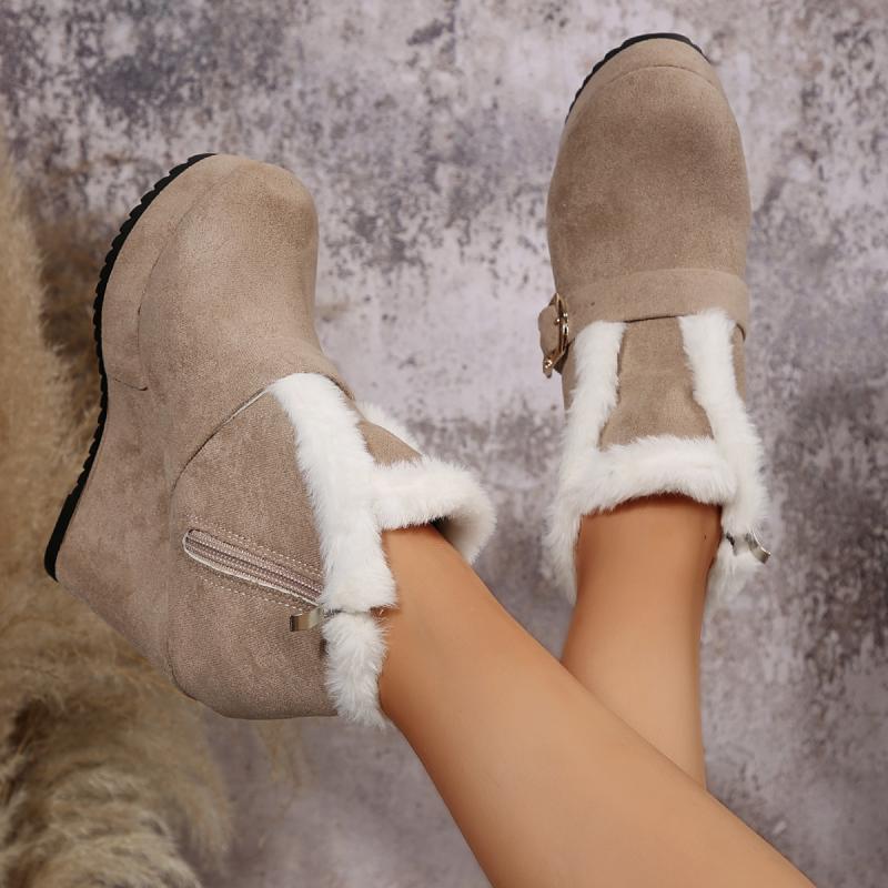 Metal Buckle Suede Wedge Heel Snow Boots Women Winter Round Toe Super High Heel Ankle Boots Warm Faux Fur Thick Bottom Shoes