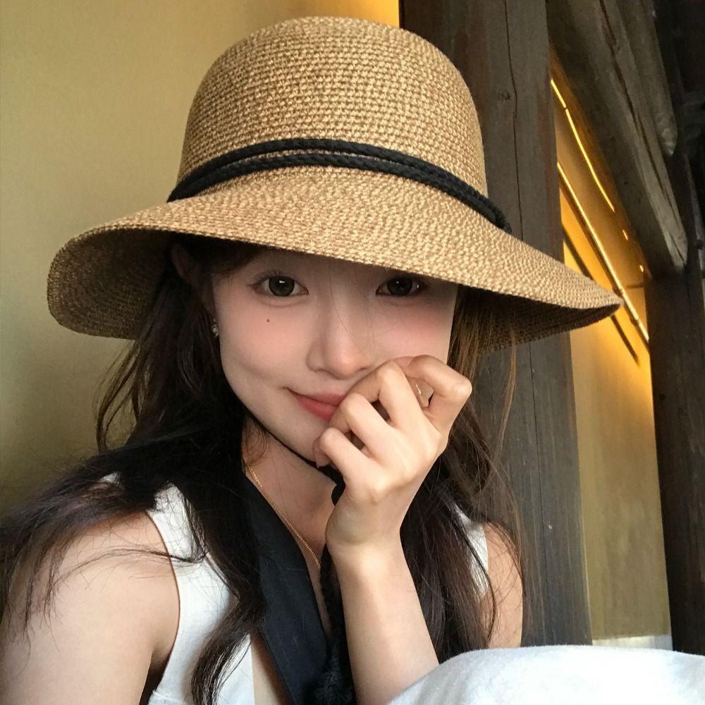 Foldable Straw Bucket Hat Wide Brim Visor Cap Vintage Women's Straw Hat  Men Women