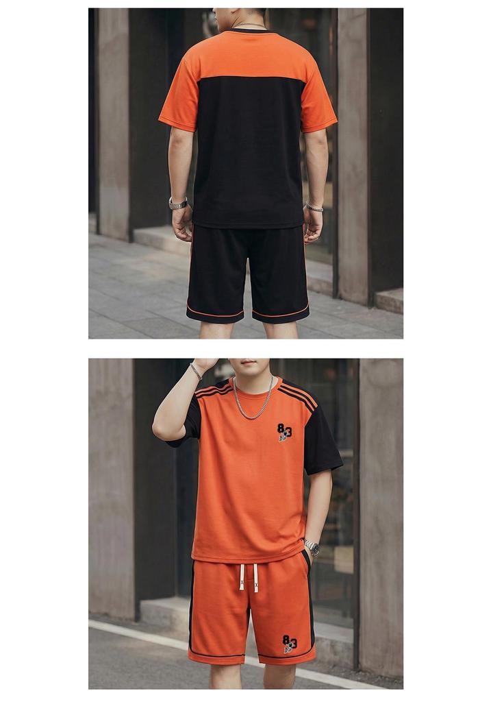 2026 Men's Plus Size Patchwork Short Sleeve Summer Casual Suit - Round Neck Sports Shorts Two-Piece Set