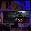 2D multi-purpose Halloween garage door flags, made of polyester, featuring ghost pumpkins and wizard hats design