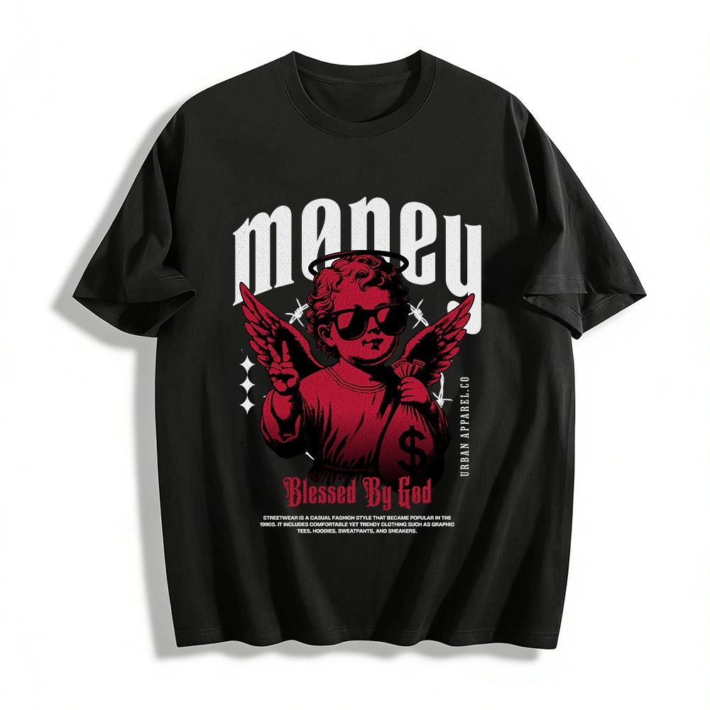 

Blessed By God Money Angel Graphic Print Streetwear Tee Pure cotton T-shirt XXS