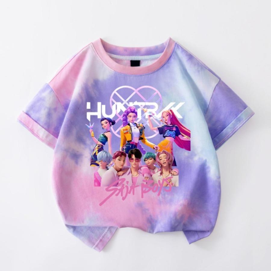 Kawaii KPop Demon Hunters Tie-dye T-shirt Girls Short Sleeve Tops Rumi Mira Zoey Printed Tee Shirts Summer Children's Clothing