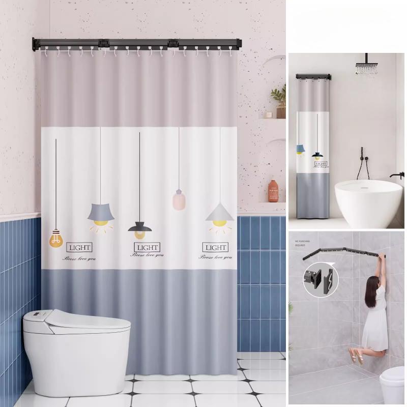 Foldable Shower Curtain Rod for Bathroom and Toilet, No Need To Drill Holes, Dry-wet Separation, C-shaped Waterproof Shower