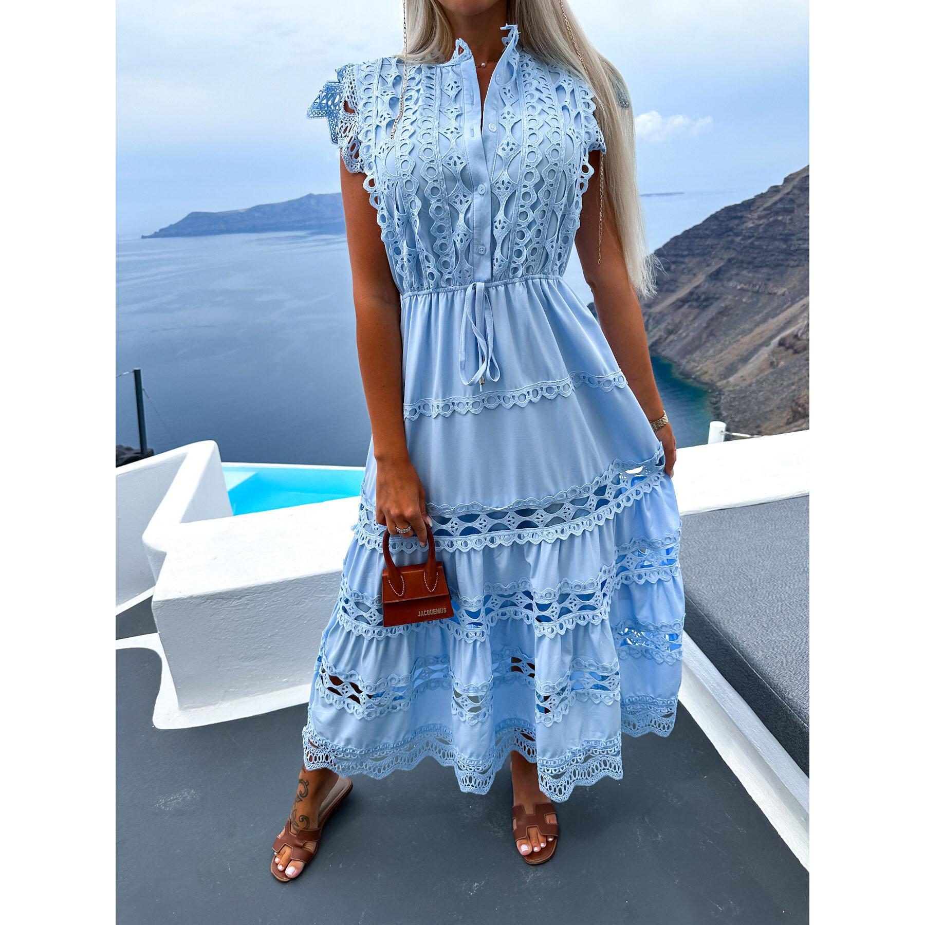 

Белое кружевное ажурное длинное платье с вышивкой, летнее женское макси-сарафан, винтажная рубашка без рукавов с высокой талией, халат Femme XXXXL синий