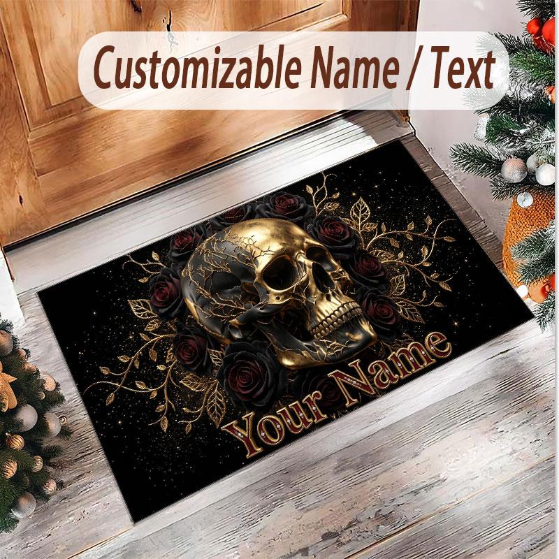 Tappeto Morbido in Velluto di Cristallo Tema Gotico Teschio Stampa Personalizzata Nome e Testo Tappeto Antiscivolo per Camera da Letto Soggiorno