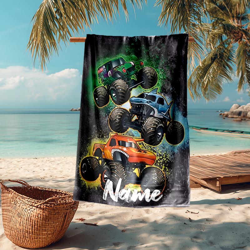 Custom Name Ultra-Soft Beach Towel with Truck Theme,Ideal for Pool - Camping, Diving - Perfect Travel Essential, Vibrant Beach Towel.