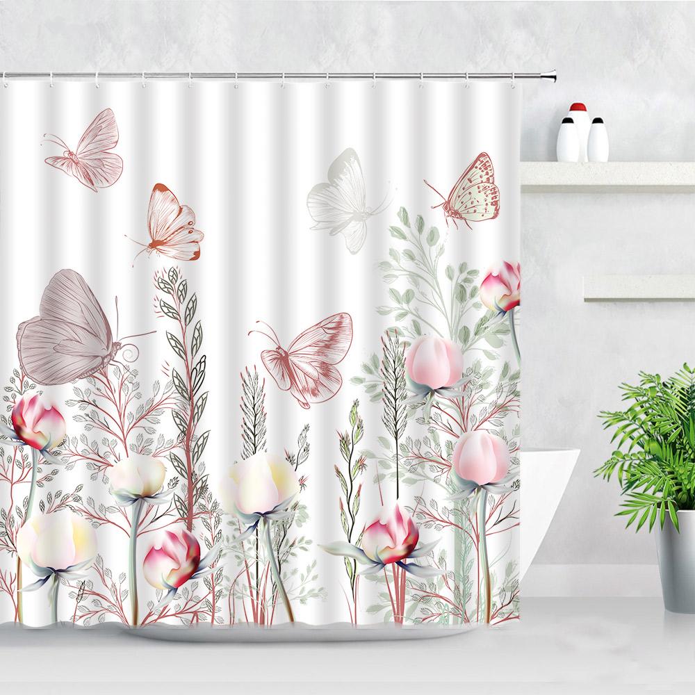 

Набор штор для душа «Бабочки и цветы» Розовый Фиолетовый Цветочный Лавандовый Белый Ромашки Листья Растения Принт Ткань Декор для ванной комнаты Шторы W90xH180cm